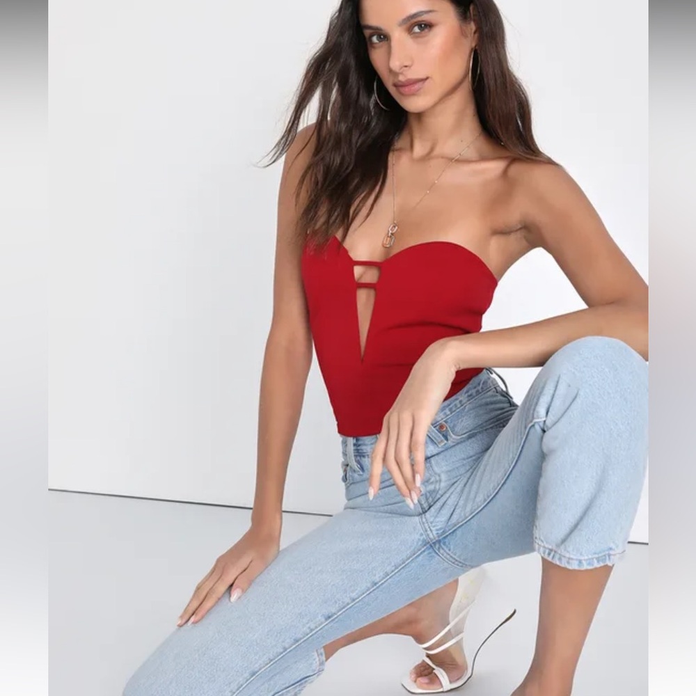 Flirty Obsession Wine Red Strapless Cutout Bodysuit